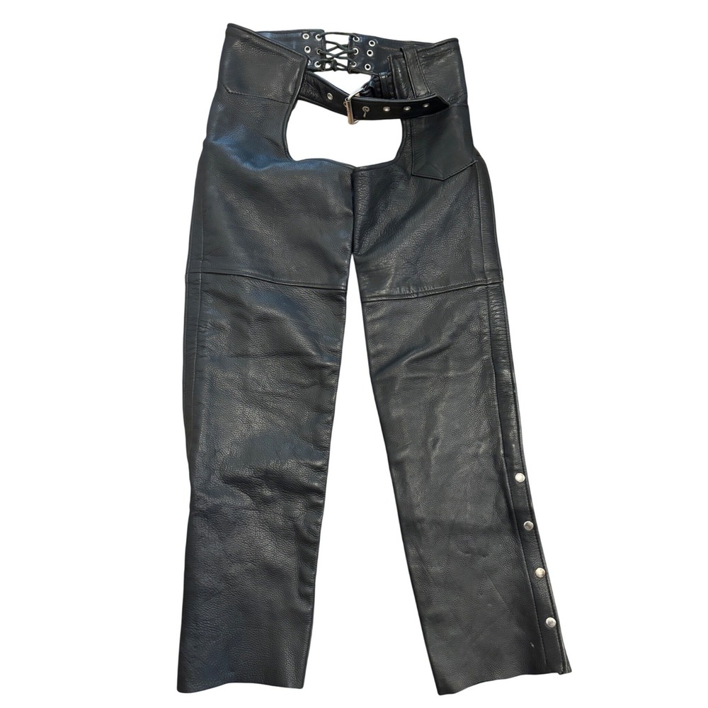 Vintage Hot Leathers Black Leather Motorcycle Riding Chaps Adjustable Belted XXS